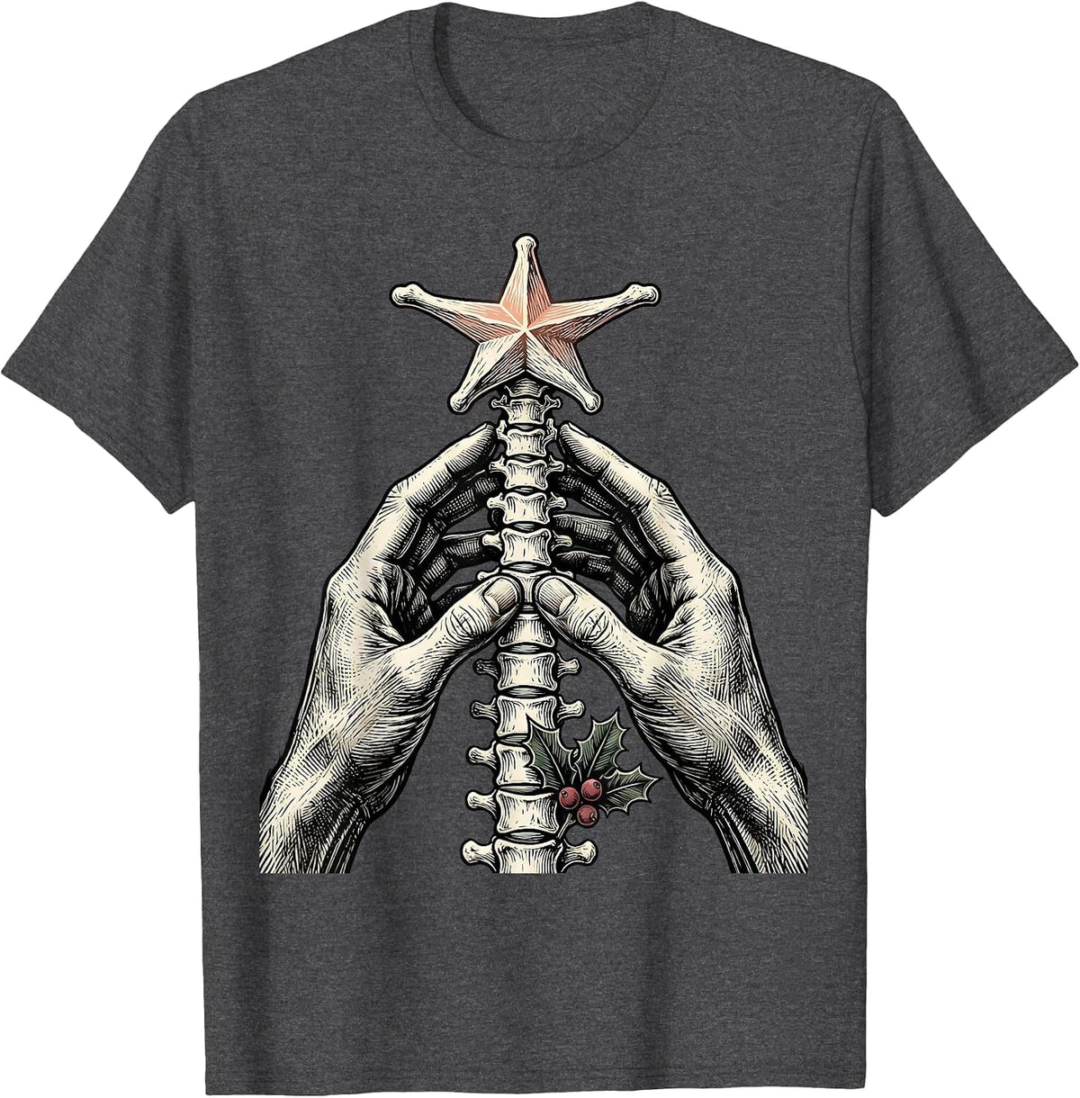 Chiropractic Hands Christmas Woodcut Engraving Chiropractor T-Shirt - Dark Heather Grey