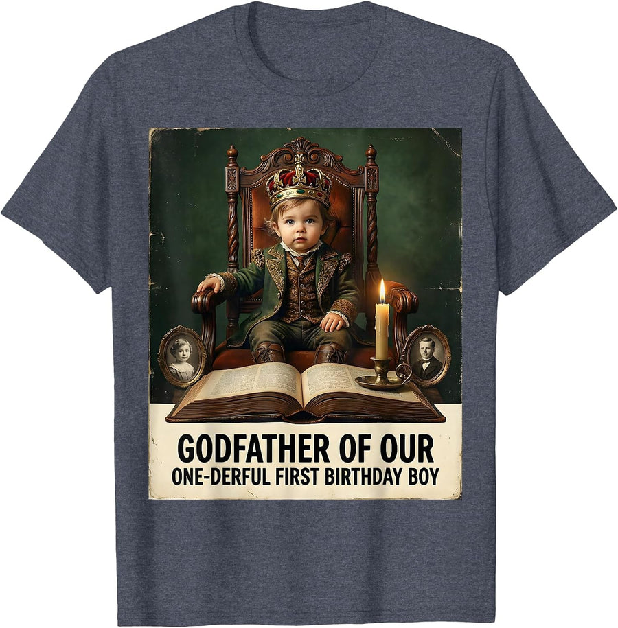 Godfather of Our One-Derful First Birthday Boy Family T-Shirt - Heather Blue
