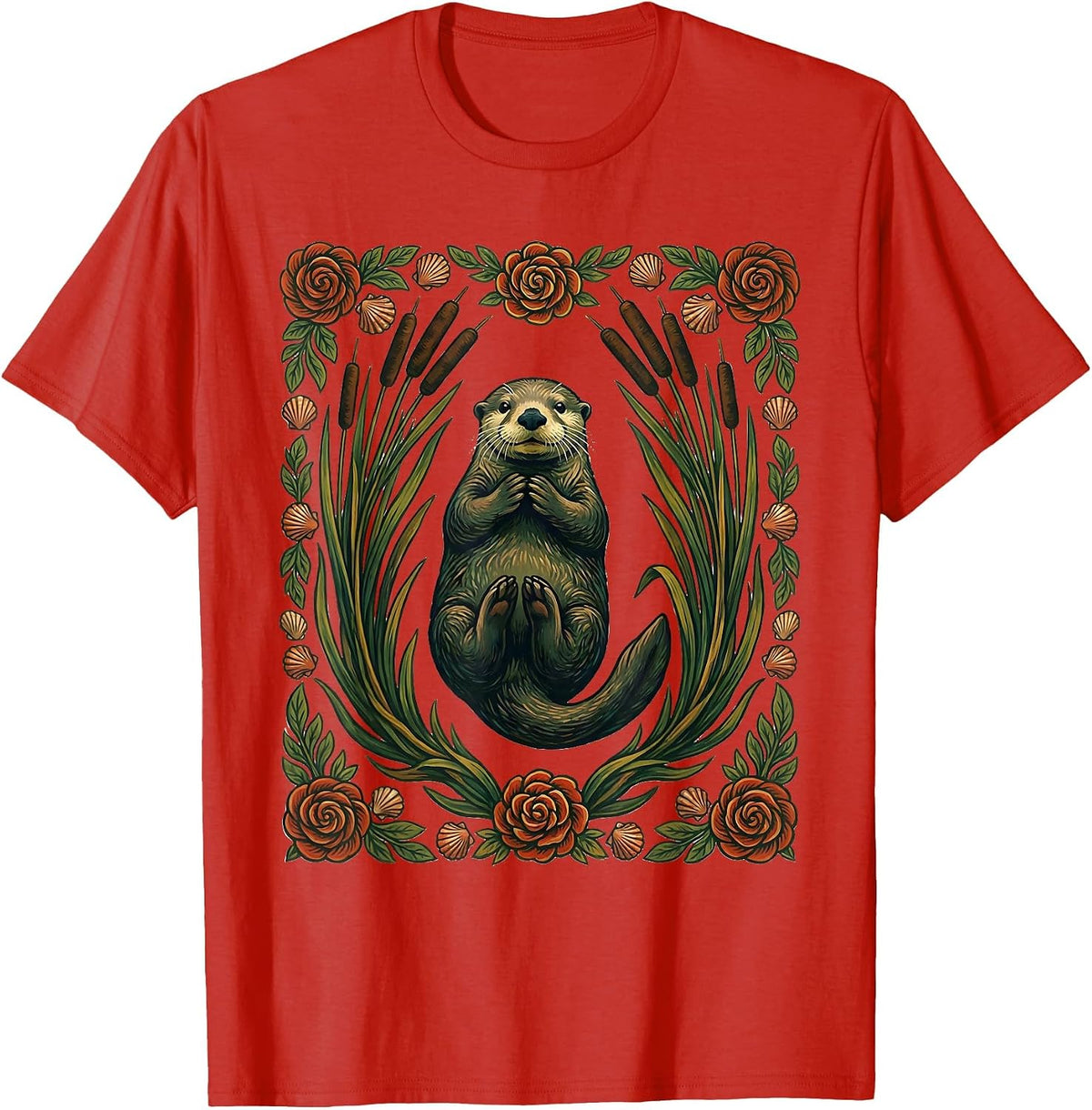 Men's Sea Otter Folk Art Floral Otter Lover Gift T-Shirt - Red