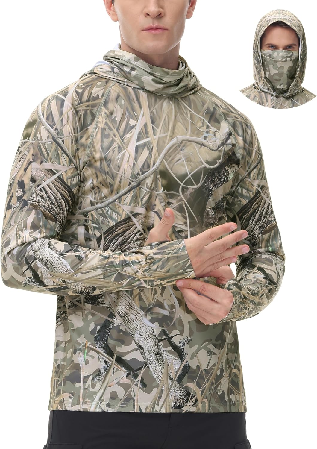 FISHEAL Mens Camo Hunting Shirt, UPF 50+ Long Sleeve Hoodie with Mask - Reeds