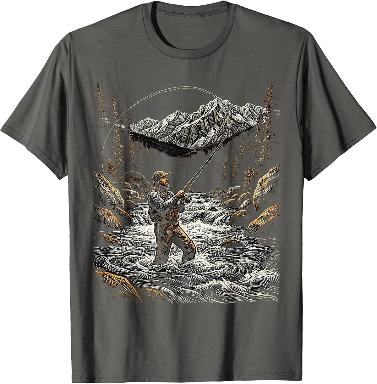 Fly Fisherman Wading Mountain Stream Graphic T-Shirt - Asphalt Grey