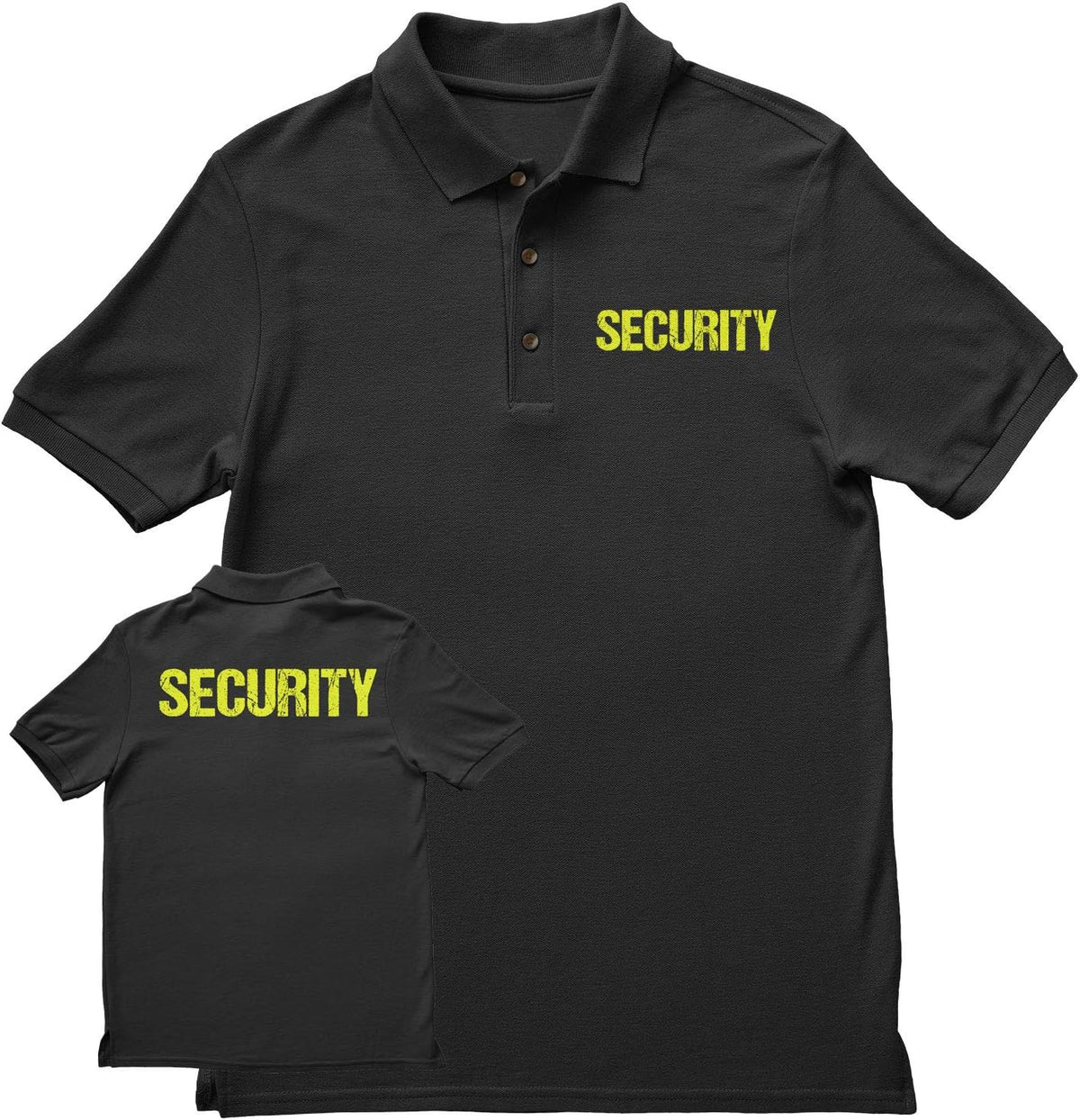 NYC FACTORY Security Polo Shirt Distressed Front Back Print Mens Tee Staff Event Uniform Bouncer Screen Printed - Black-neon