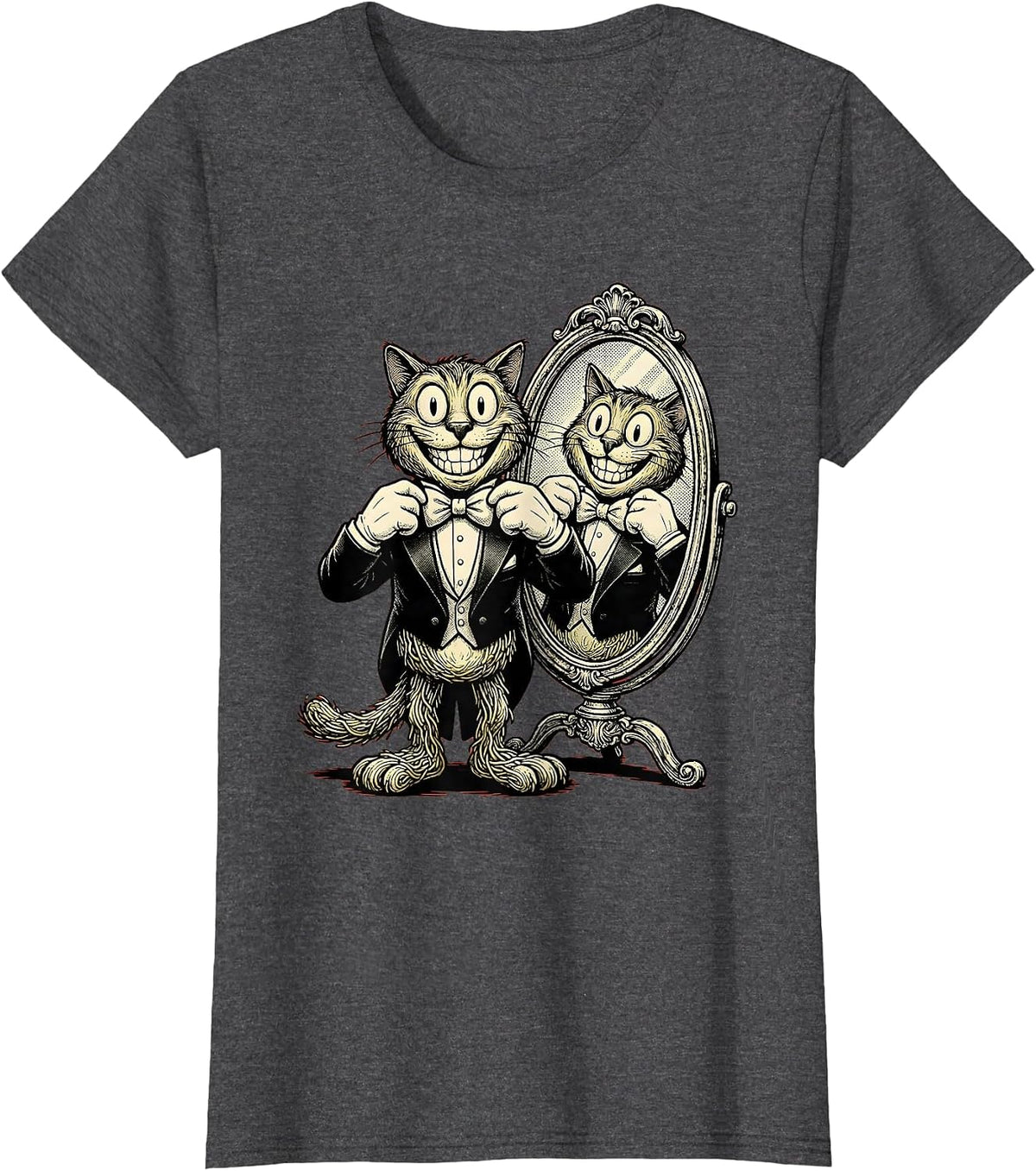 Women's Dapper Cat Adjusting Bow Tie in Mirror T-Shirt - Dark Heather Grey