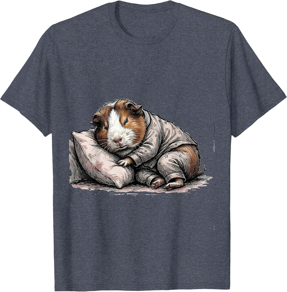 Sleepy Guinea Pig Hand-Sketched Pet Lover Pajama Portrait T-Shirt - Heather Blue