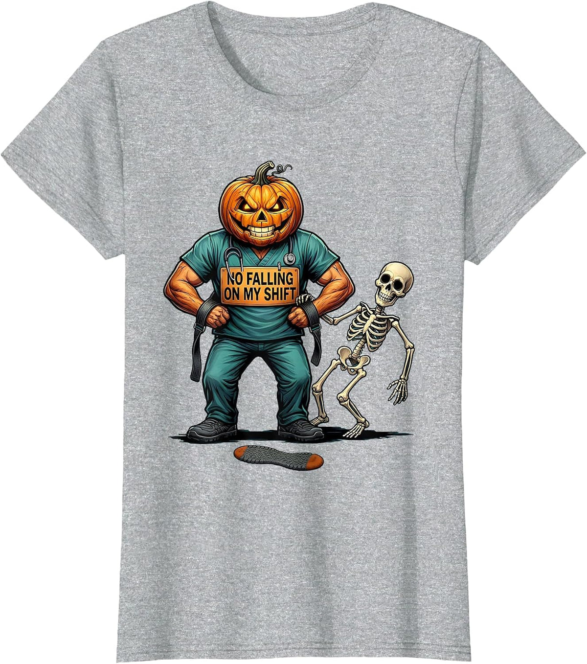 No Falling On My Shift Funny Nurse Halloween Fall Prevention T-Shirt - Heather Grey