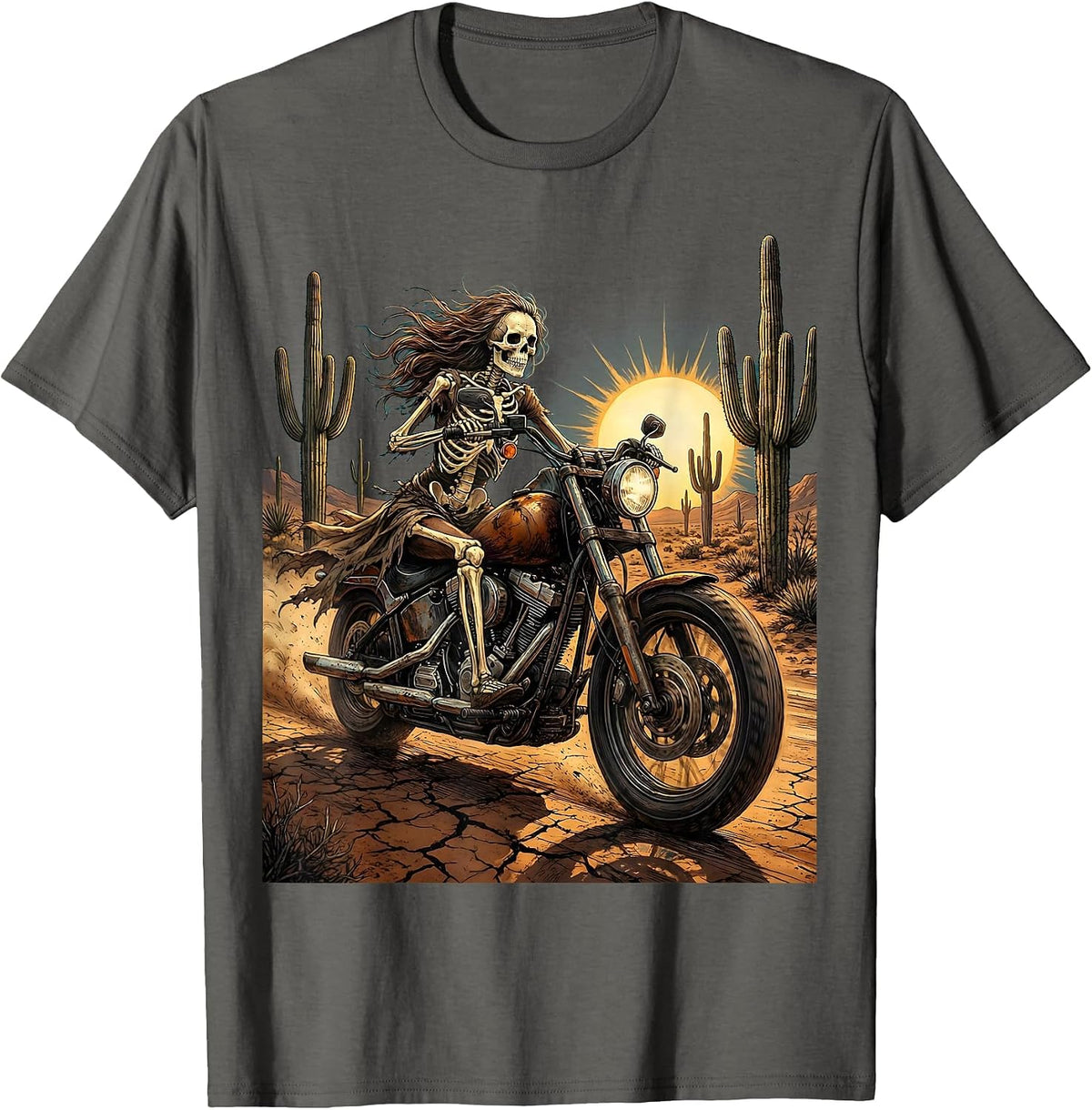 Men's Skeleton Biker Riding Motorcycle Through Desert T-Shirt - Asphalt Grey