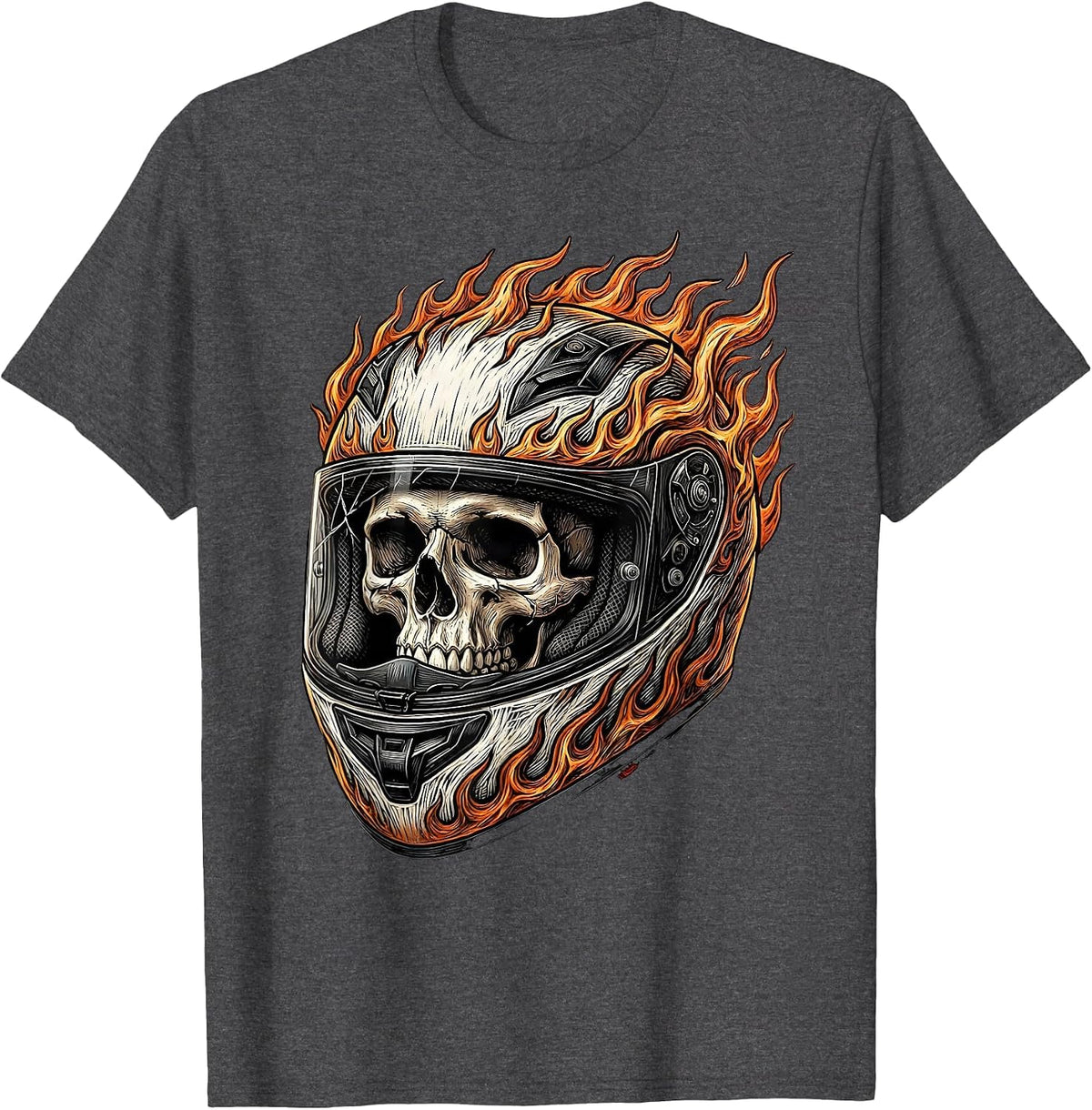Men's Skull Motorcycle Helmet Flames Biker Graphic T-Shirt - Dark Heather Grey