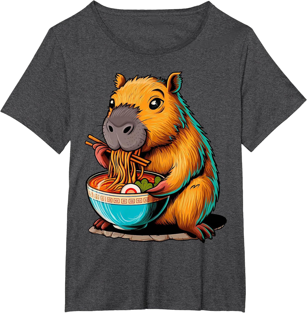 Cute Kawaii Capybara Eating Japanese Ramen Noodles Anime T-Shirt - Dark Heather Grey