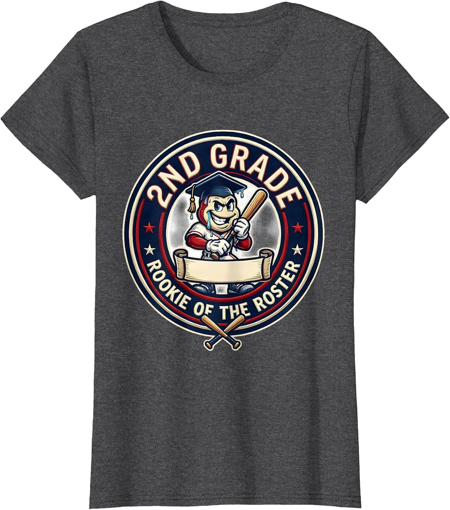 Women's 2nd Grade Rookie of the Roster Back To School Baseball Drip T-Shirt - Dark Heather Grey
