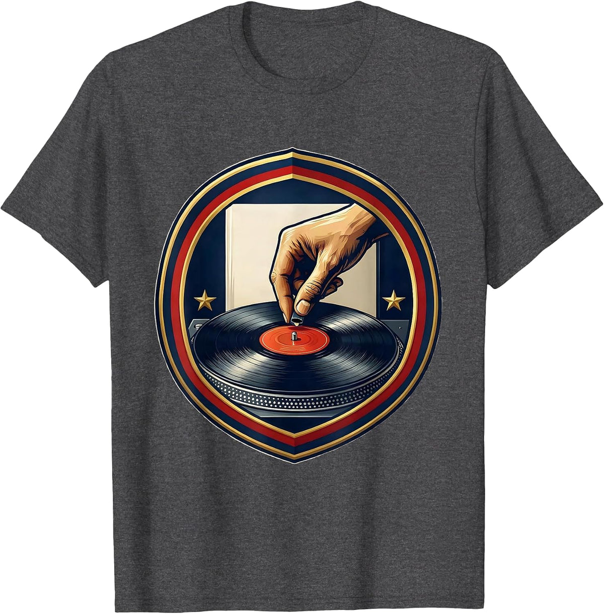 Record Turntable Shield Badge Vinyl Collector Retro Music T-Shirt - Dark Heather Grey