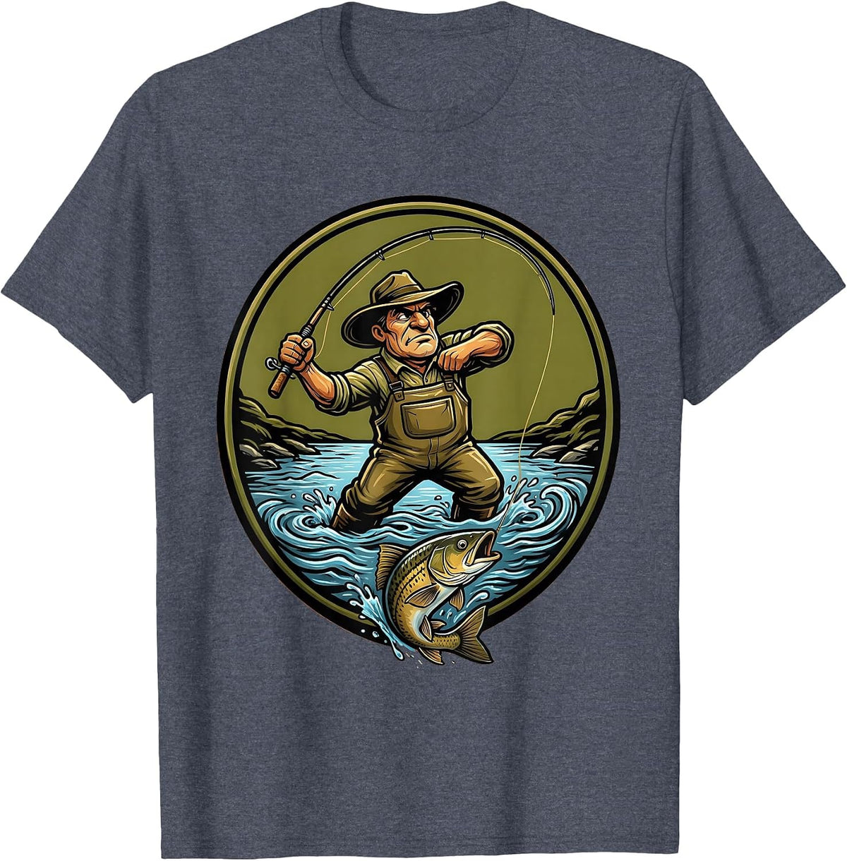 Fly Fisherman Waders and Fly Rod Graphic T-Shirt - Heather Blue