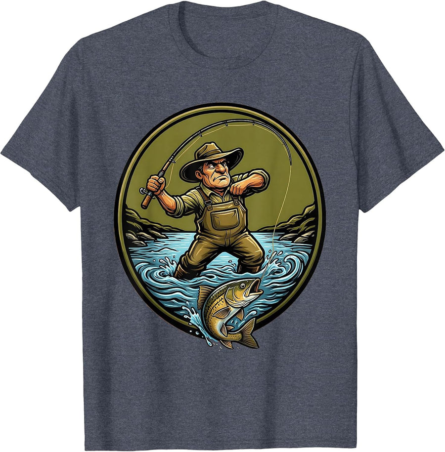 Fly Fisherman Waders and Fly Rod Graphic T-Shirt - Heather Blue