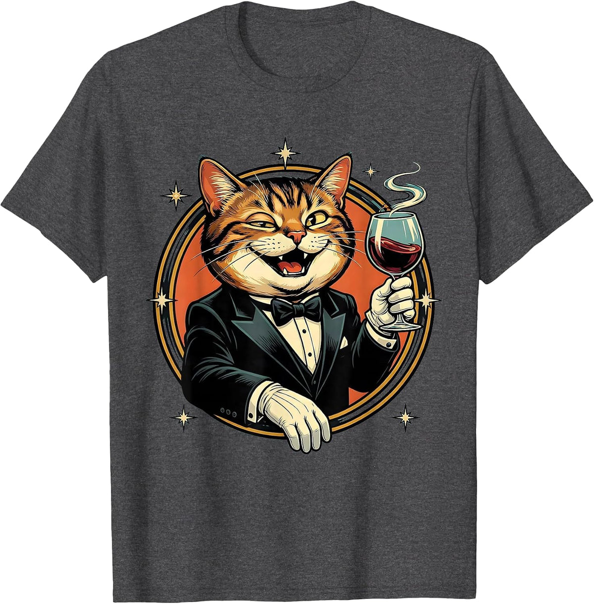Men's Fancy Cat Wine Connoisseur Tuxedo Design T-Shirt - Dark Heather Grey