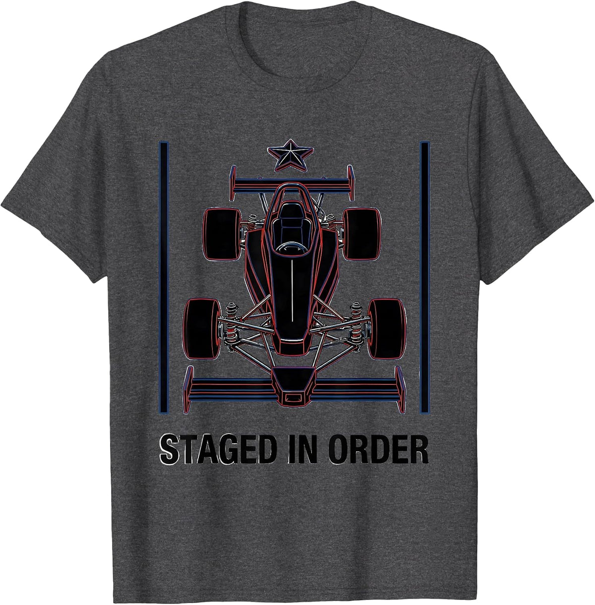 Men's Staged In Order Exploded RC Dragster American Flag Racing T-Shirt - Dark Heather Grey