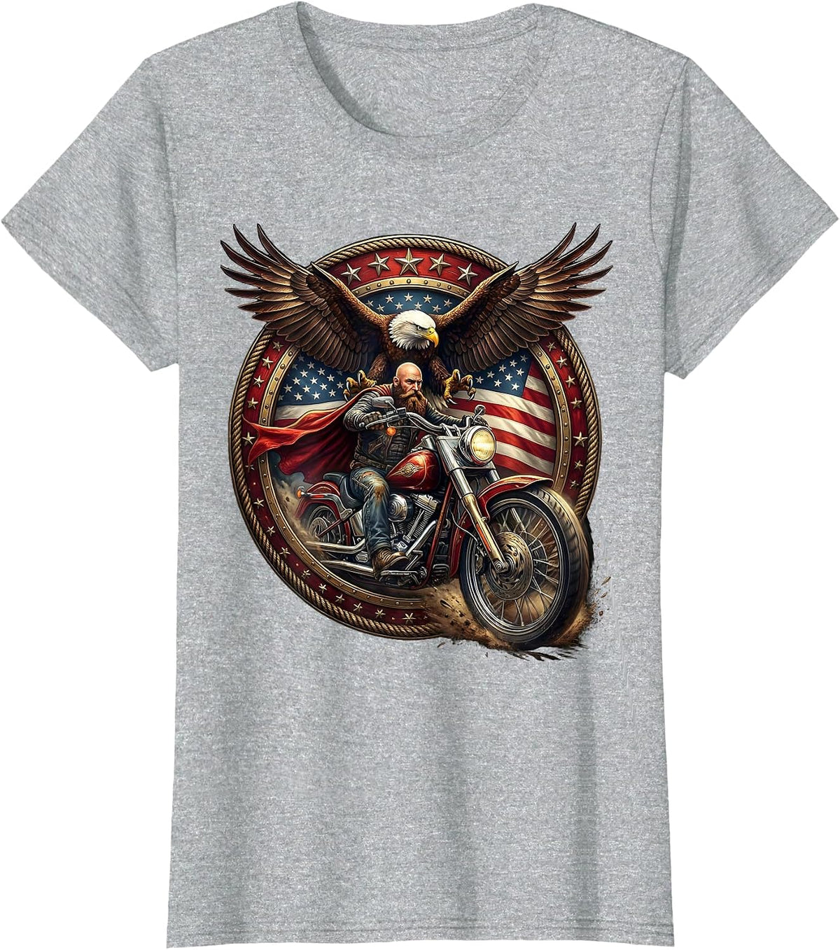 Bearded Biker American Flag Cape Motorcycle Rider T-Shirt - Heather Grey