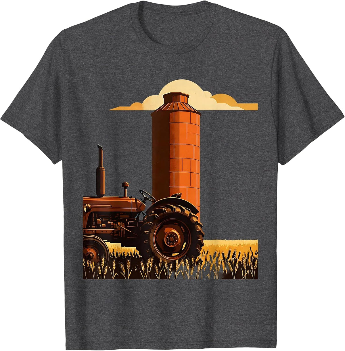 Nebraska Vintage Tractor and Grain Silo Illustration T-Shirt - Dark Heather Grey