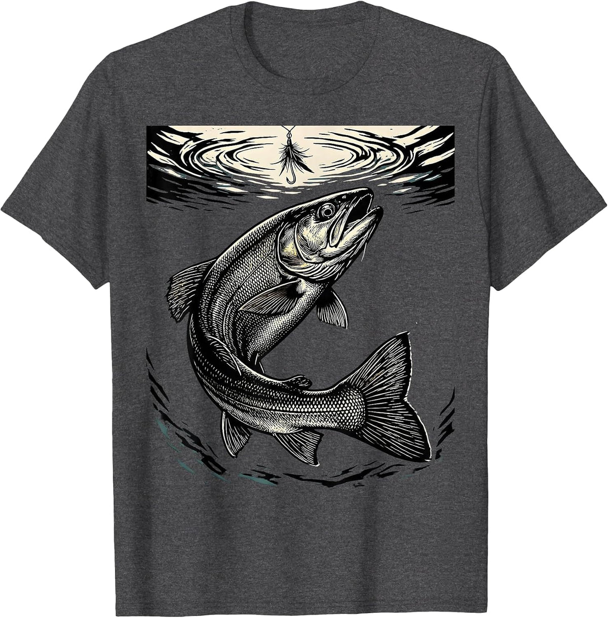 Trout Chasing Fly Lure Underwater Fishing Art T-Shirt - Dark Heather Grey