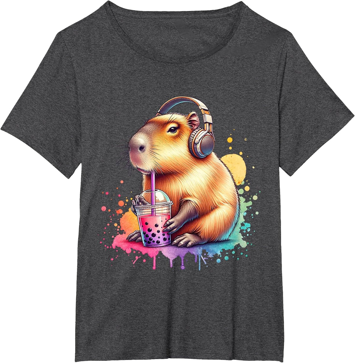 Funny Capybara Listening to Music and Drinking Boba. Boba T-Shirt - Dark Heather Grey
