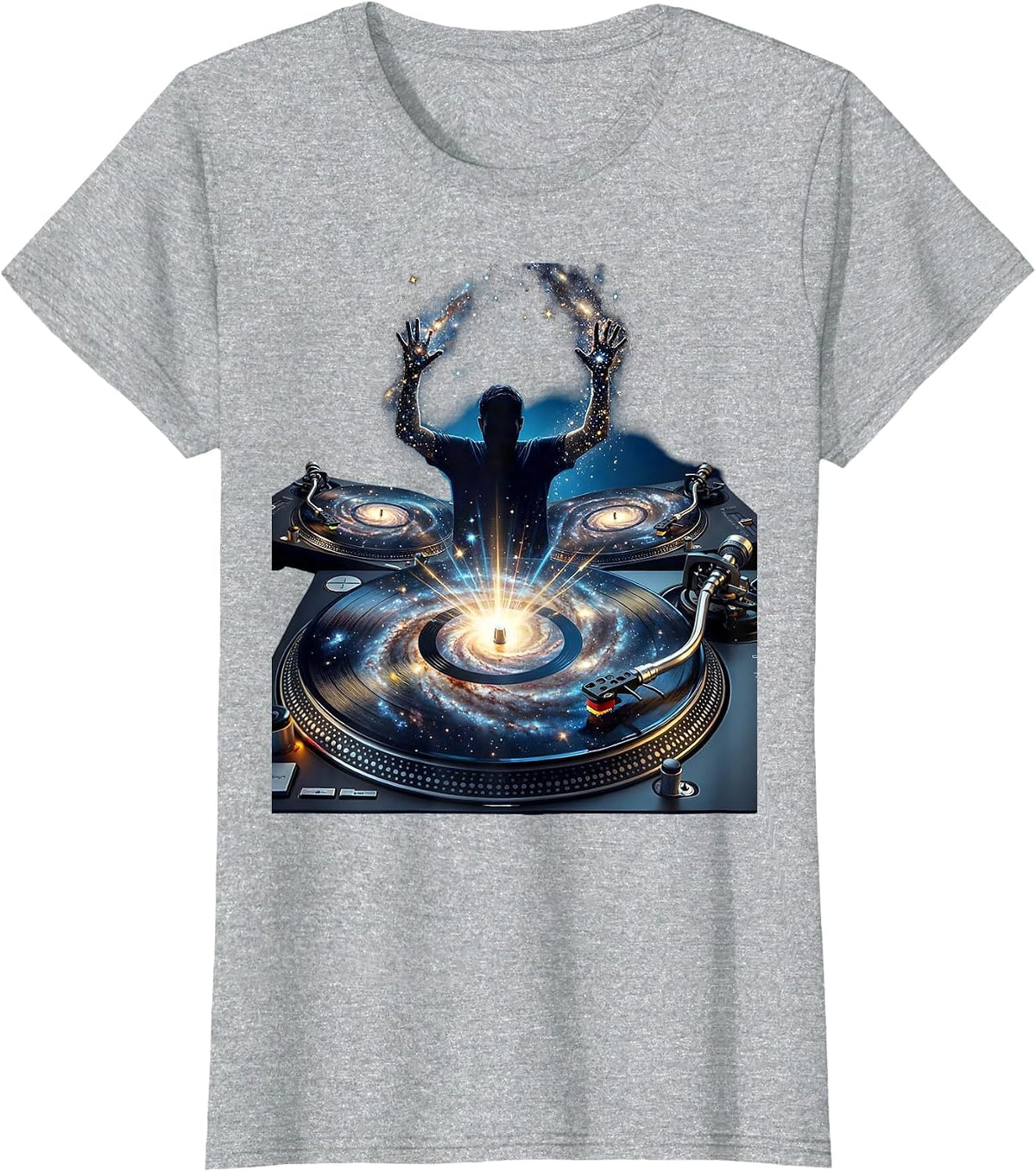 DJ Silhouette Glowing Turntables Rave Graphic T-Shirt - Heather Grey