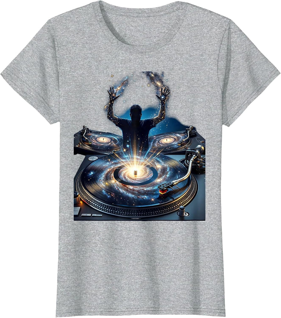 DJ Silhouette Glowing Turntables Rave Graphic T-Shirt - Heather Grey