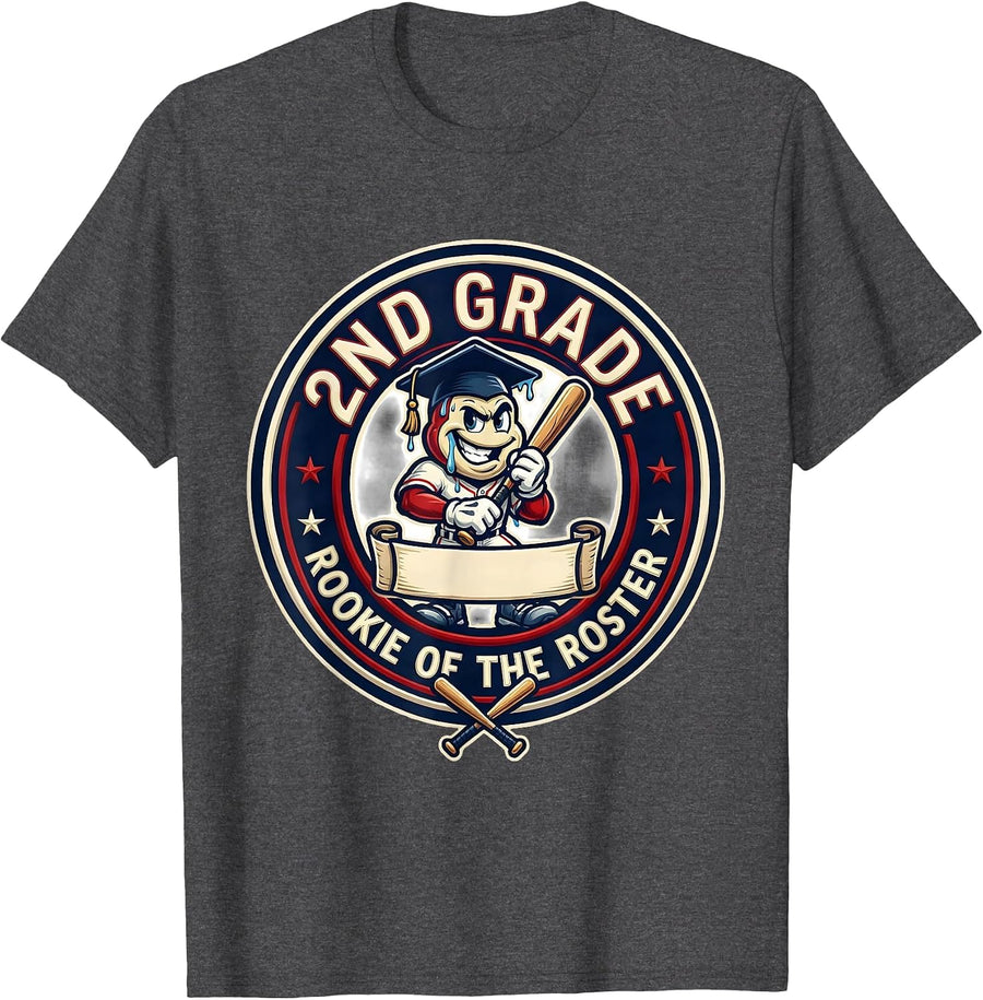 Men's 2nd Grade Rookie of the Roster Back To School Baseball Drip T-Shirt - Dark Heather Grey