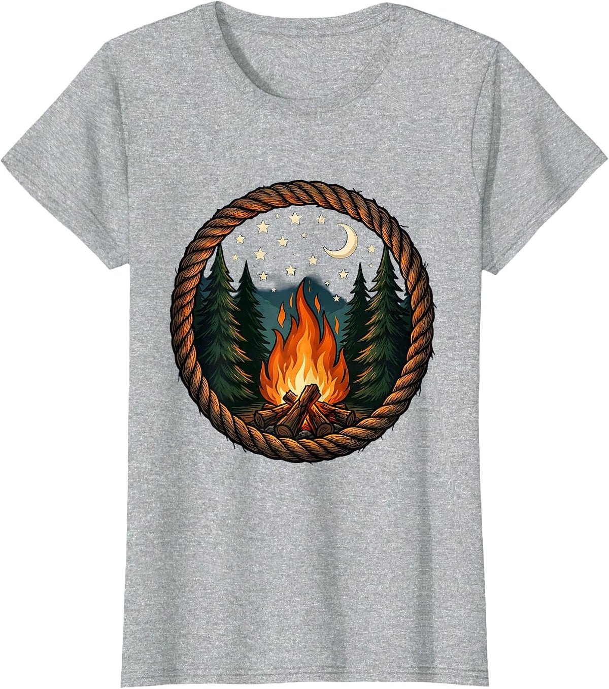 Women's Campfire Under a Starry Night Sky Illustration T-Shirt - Heather Grey