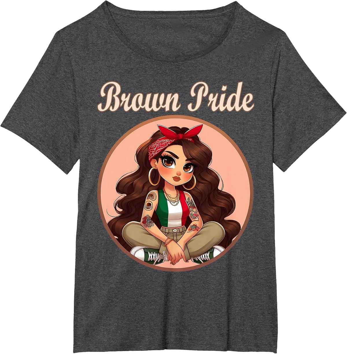 Brown Pride Chicana Chola Chibi Girl Hispanic Heritage Month T-Shirt - Dark Heather Grey