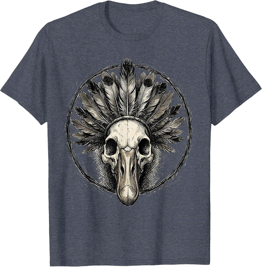 Goose Skull With Feather Headdress Illustration T-Shirt - Heather Blue