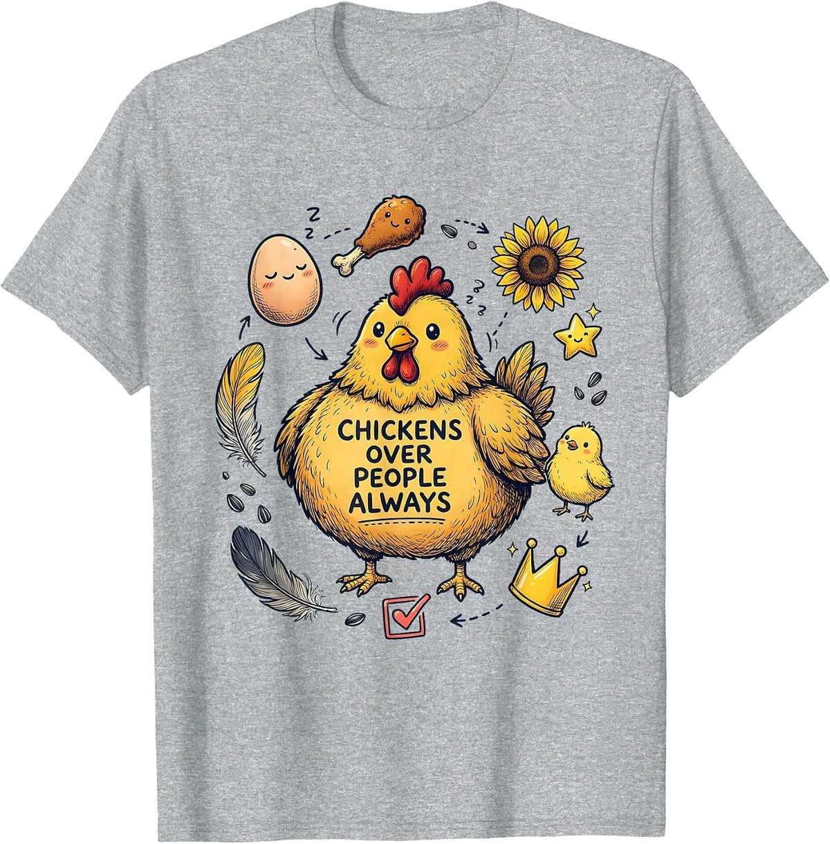 Men's Chickens Over People Always Funny Chicken Design T-Shirt - Heather Grey