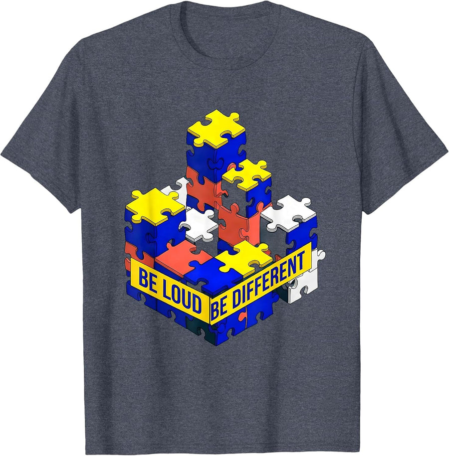 Be Loud Be Different Autism Awareness Design T-Shirt - Heather Blue