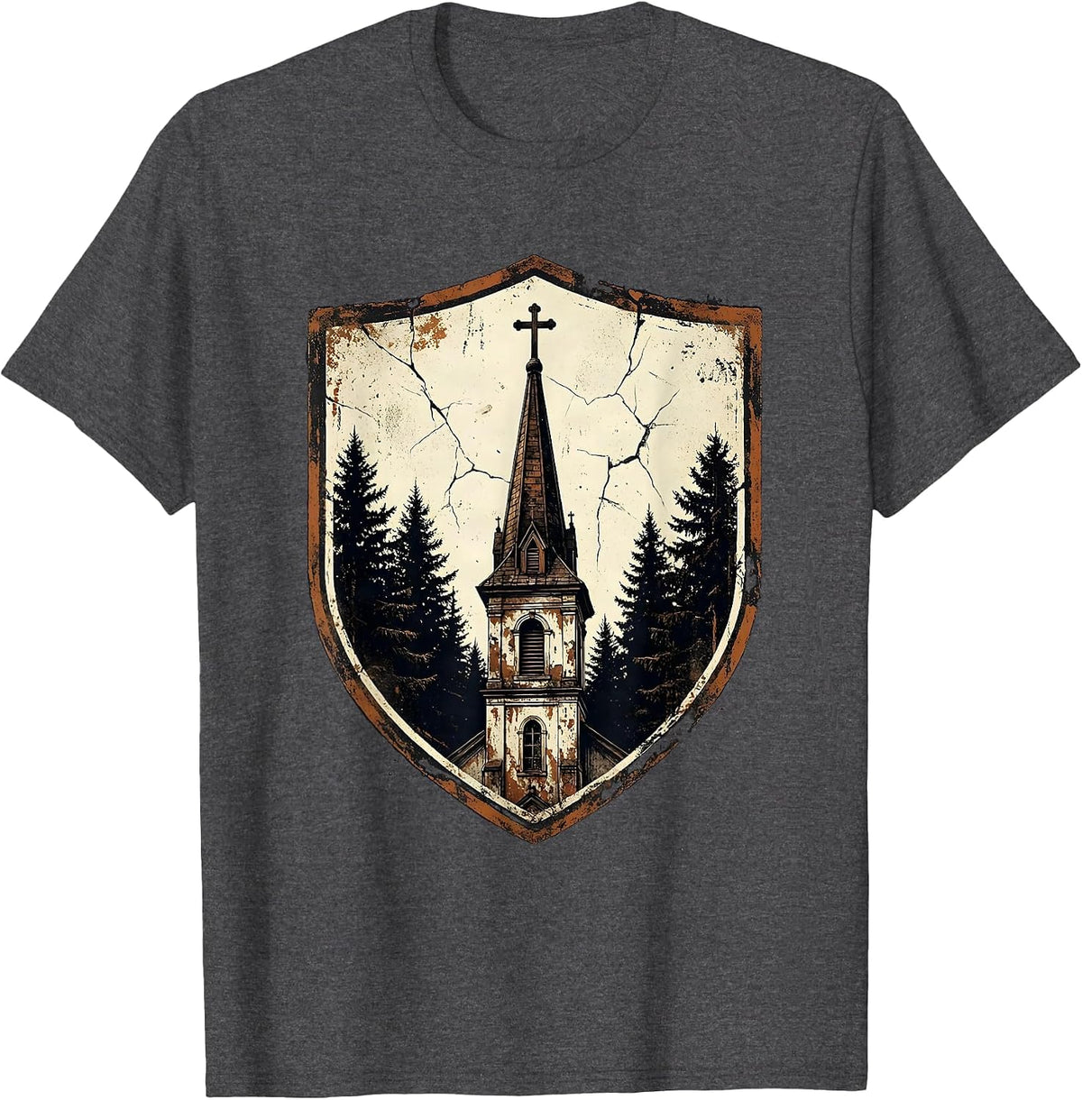 Men's God Family Country Old Church Steeple Design T-Shirt - Dark Heather Grey