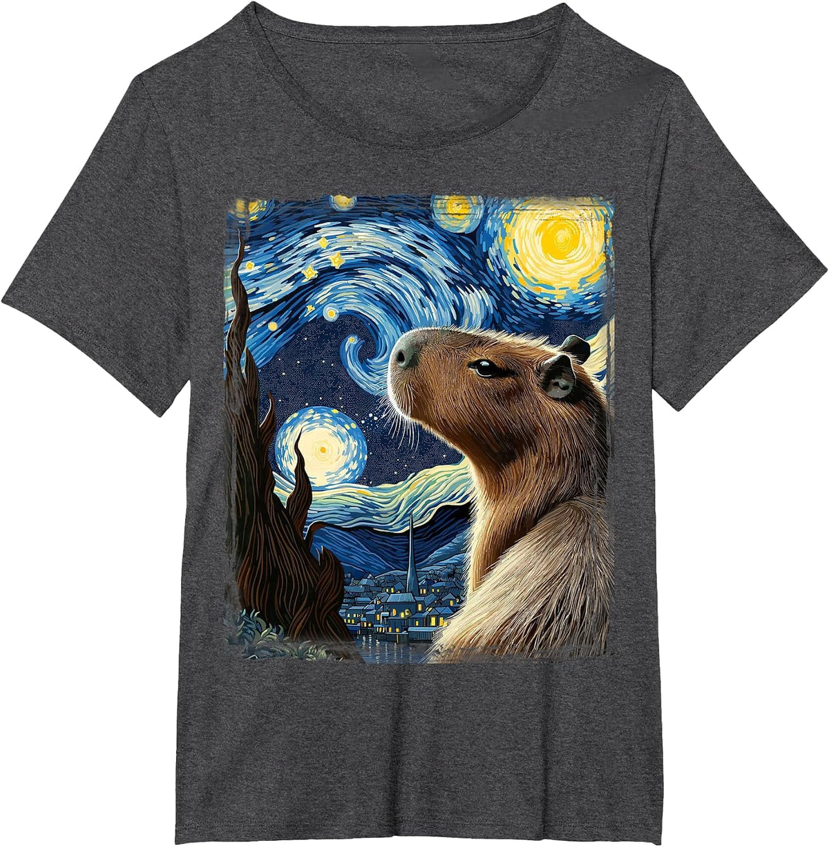 Van Gogh Style Starry Night Capybara T-Shirt - Dark Heather Grey