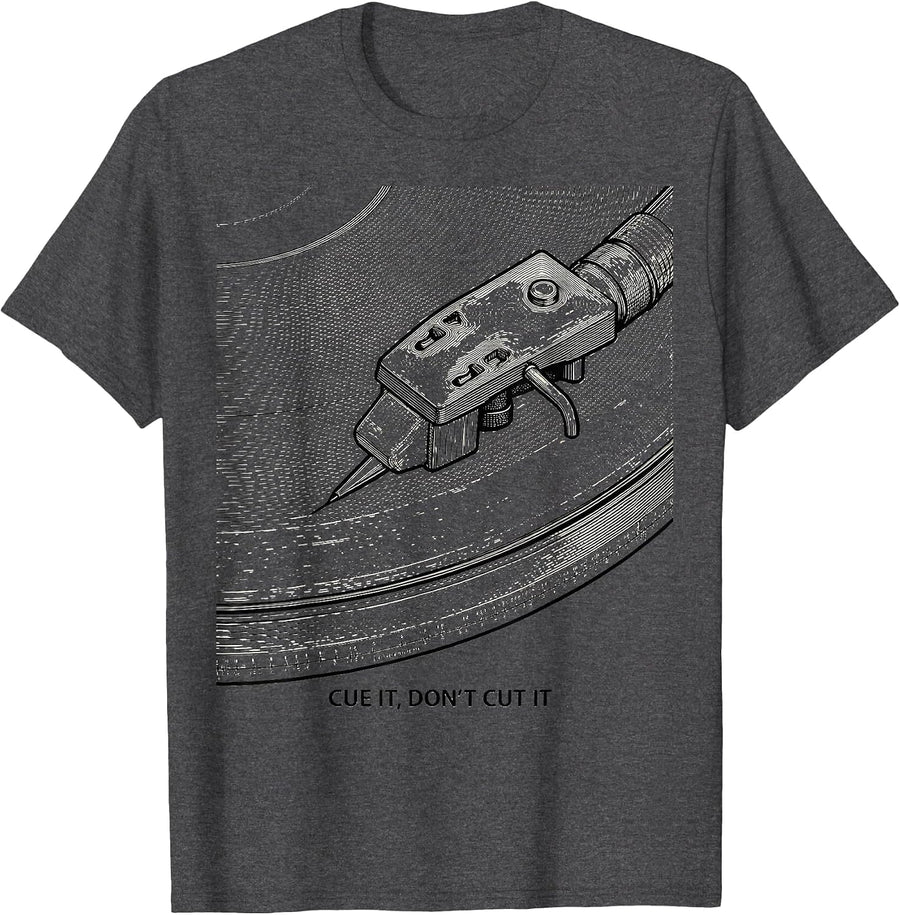 Men's Cue It, Don't Cut It Funny DJ Vinyl Record Turntable Lover T-Shirt - Dark Heather Grey