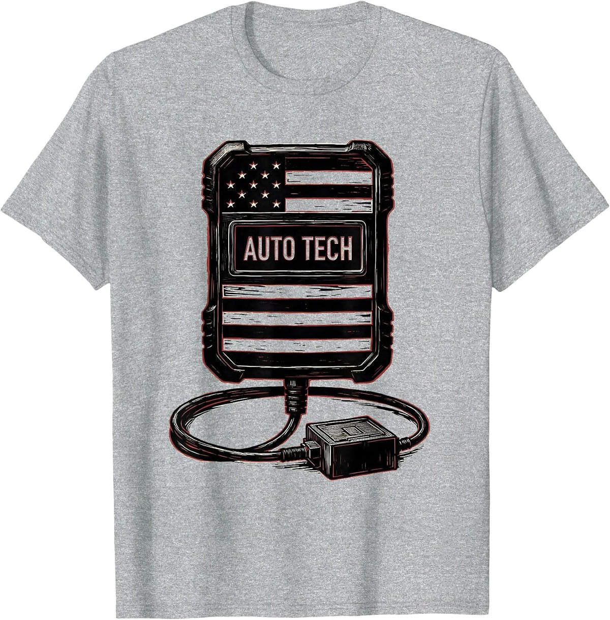 Men's Auto Tech Linocut American Flag Mechanic Gift for Oilfield T-Shirt - Heather Grey