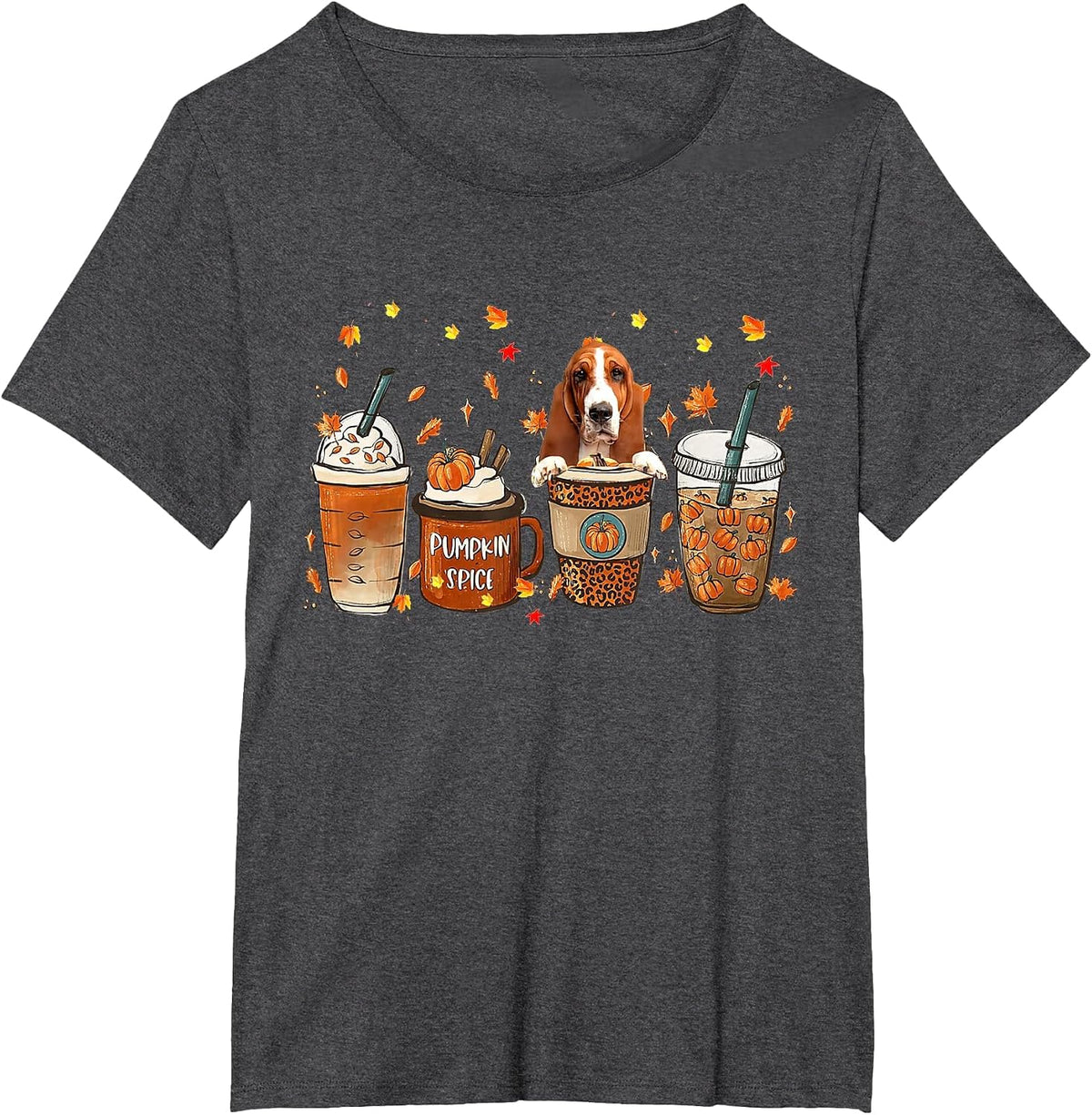 Basset Hound Fall Coffee Pumpkin Spice Latte Iced Autumn T-Shirt - Dark Heather Grey