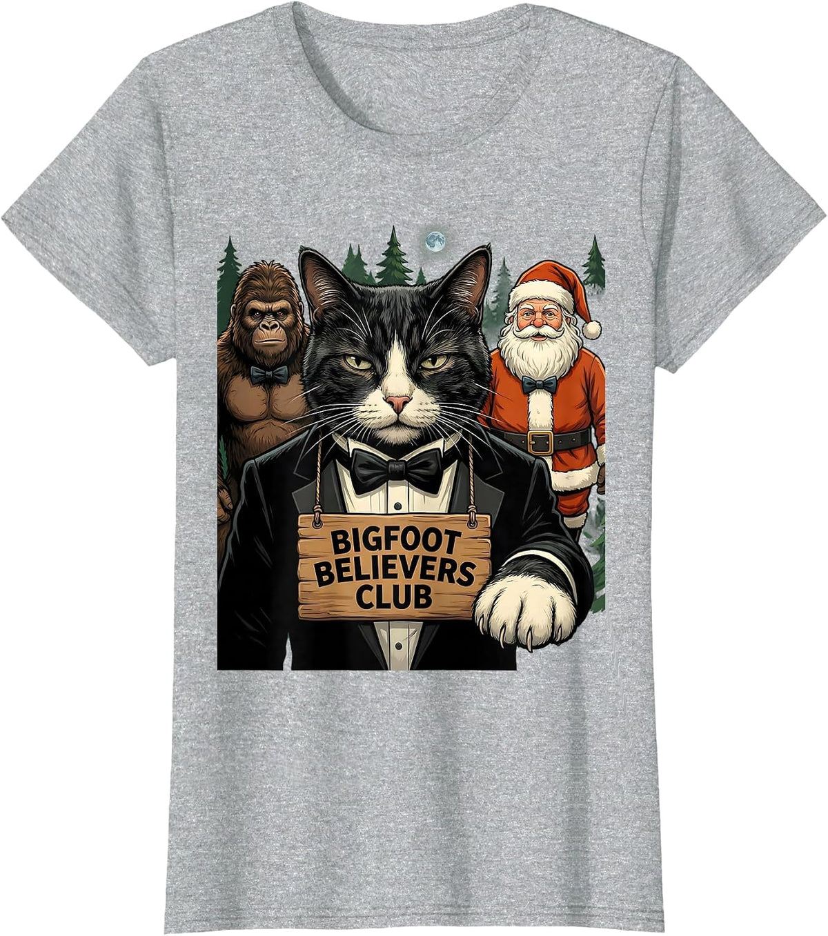 Bigfoot Believers Club Funny Cat Selfie Christmas Sasquatch T-Shirt - Heather Grey