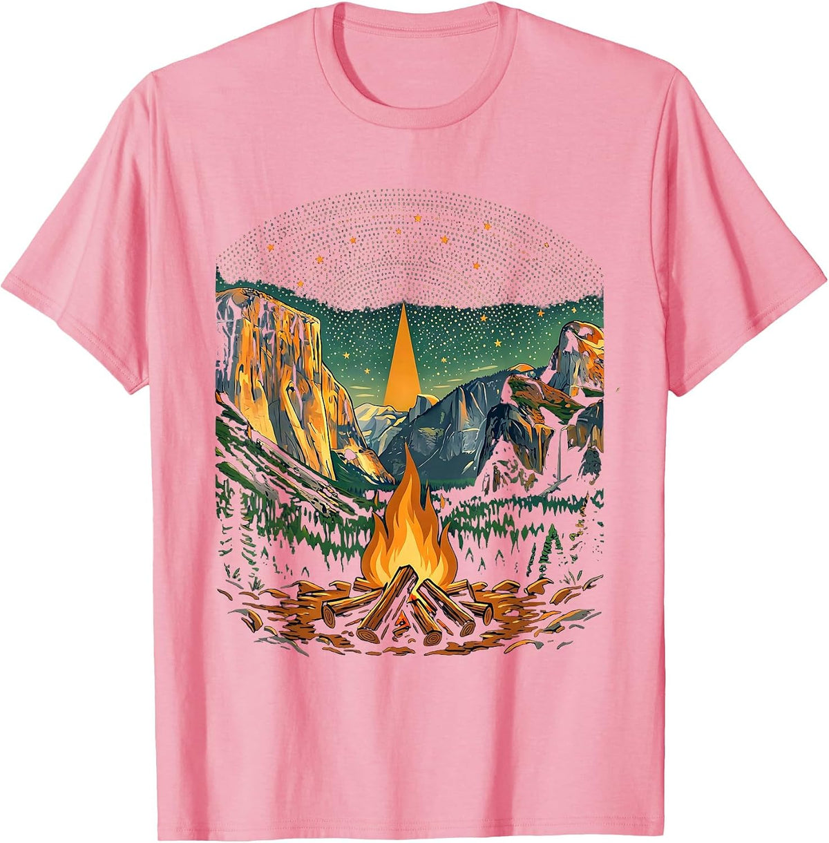 Men's Yosemite Campfire Starry Night Sky Illustration T-Shirt - Pink