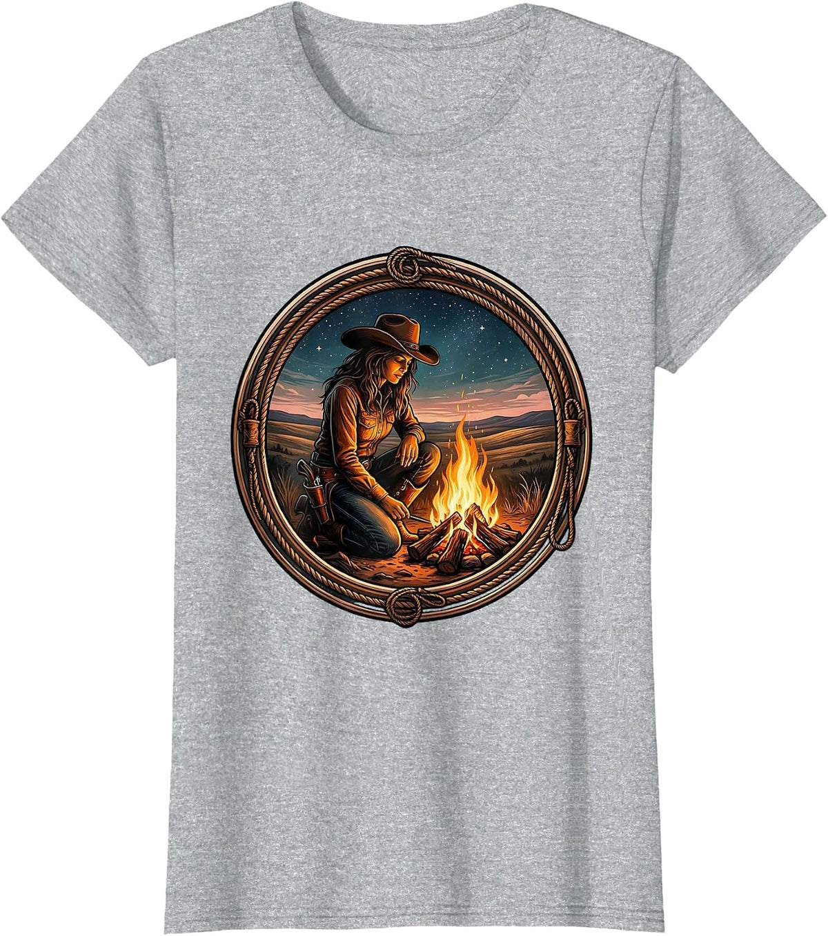Cowgirl Campfire Glow Western Illustration T-Shirt - Heather Grey