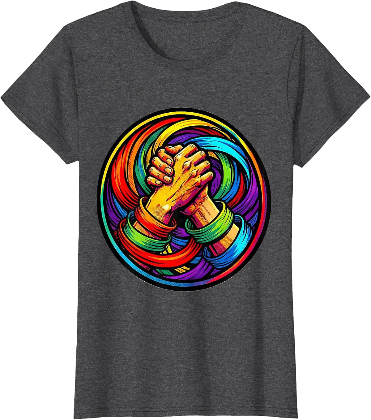 Women's Rainbow Ribbon Hands Gay Pride Graphic T-Shirt - Dark Heather Grey