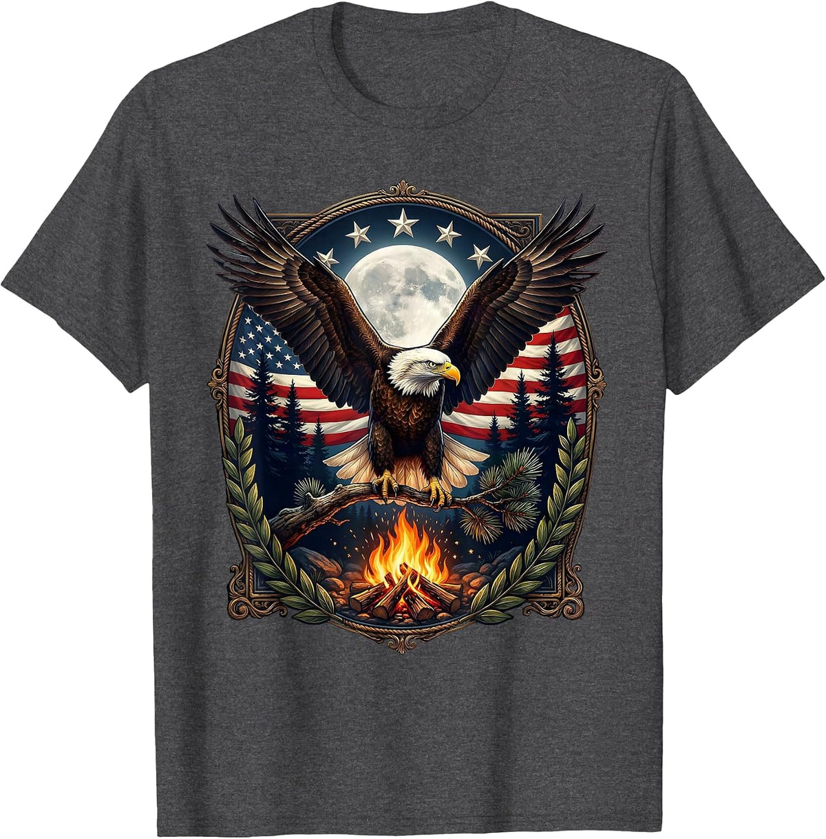 Campfire Starlit Pine Forest Night Graphic T-Shirt - Dark Heather Grey