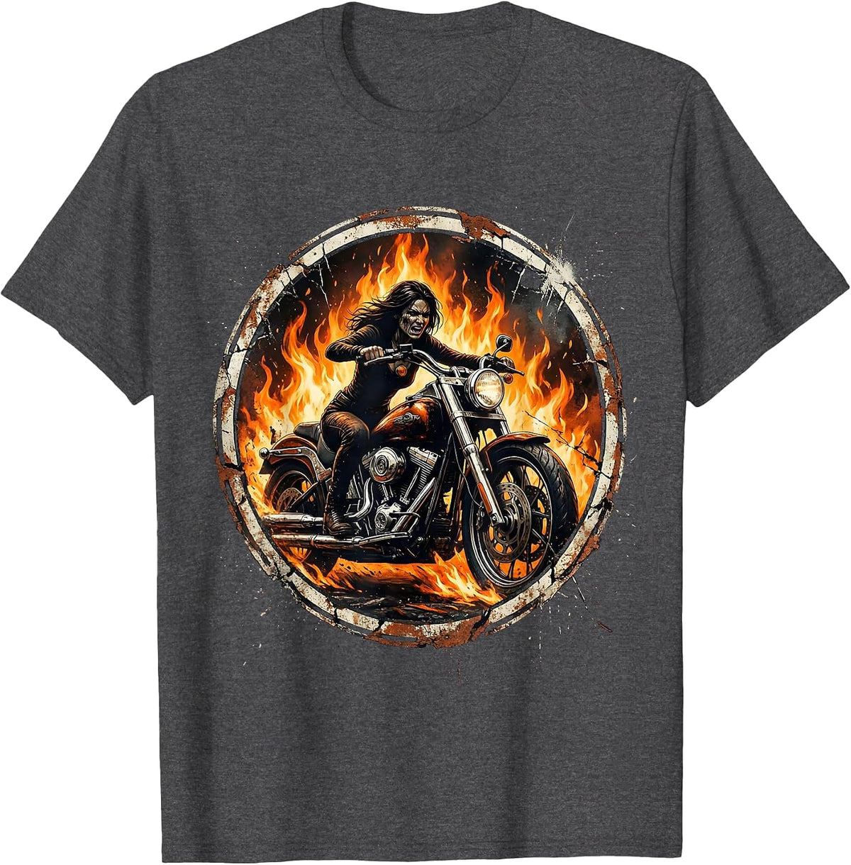 Motorcycle Rider Blazing Through Flames Graphic T-Shirt - Dark Heather Grey