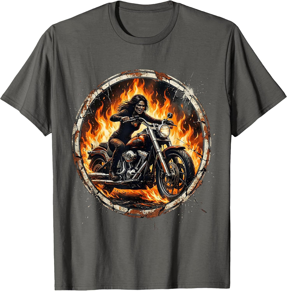 Motorcycle Rider Blazing Through Flames Graphic T-Shirt - Asphalt Grey