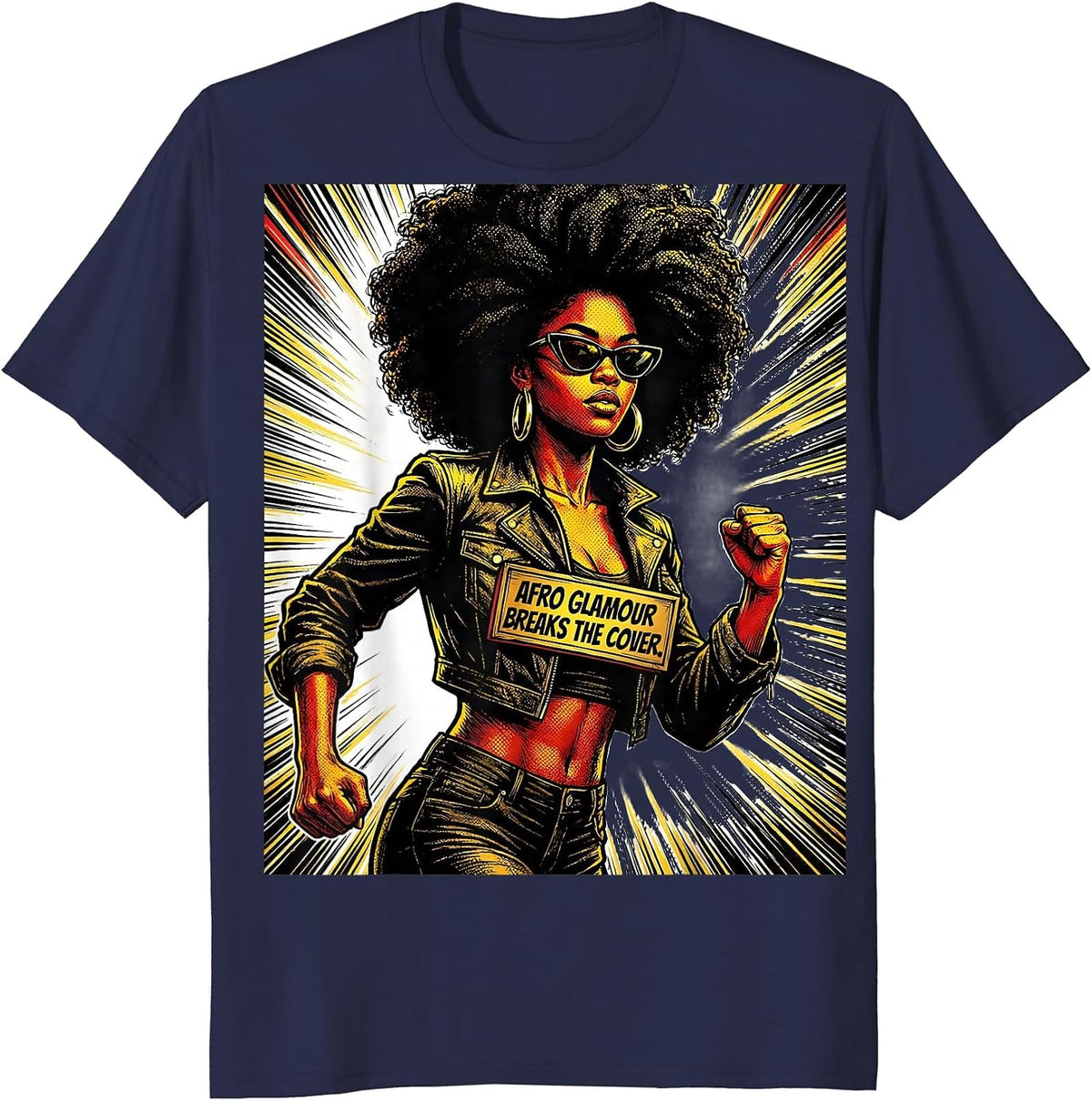 Men's Afro Glamour Breaks The Cover Comic Book Black Women Pride T-Shirt - Navy Blue