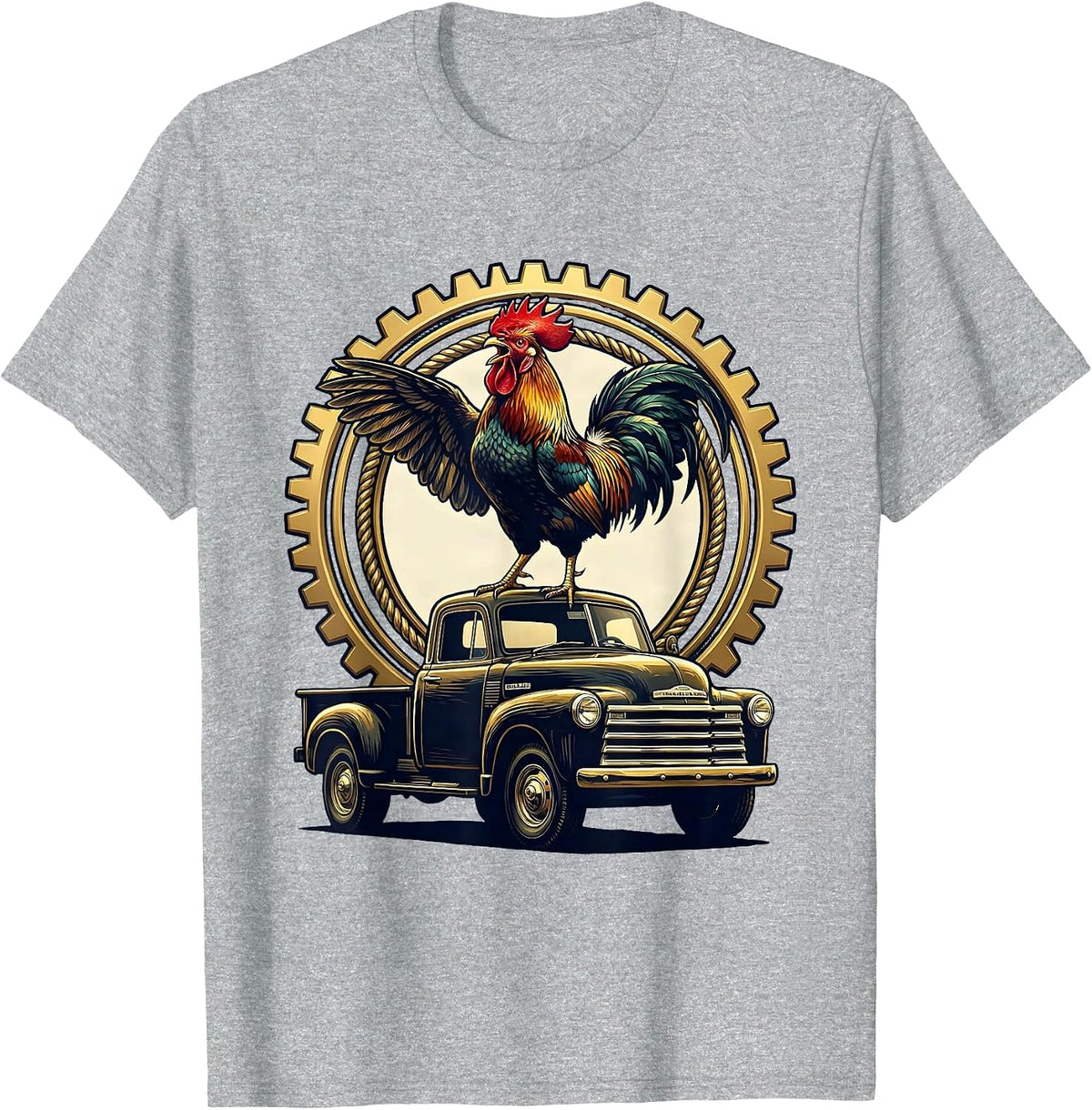 Men's Rooster Crowing Atop Old Pickup Truck T-Shirt - Heather Grey