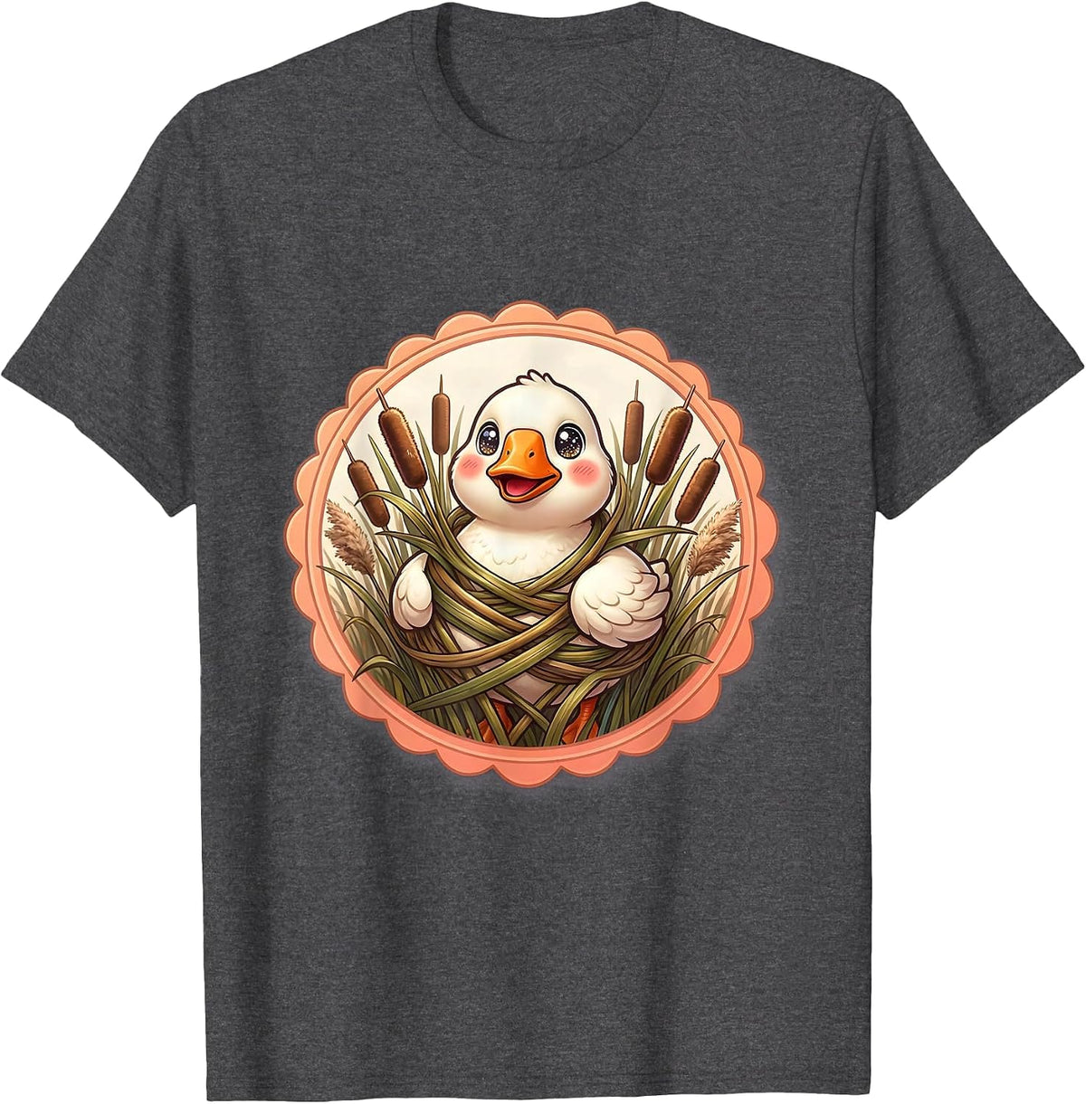 Goose Tangled in Cattails Sunset Nature Art T-Shirt - Dark Heather Grey