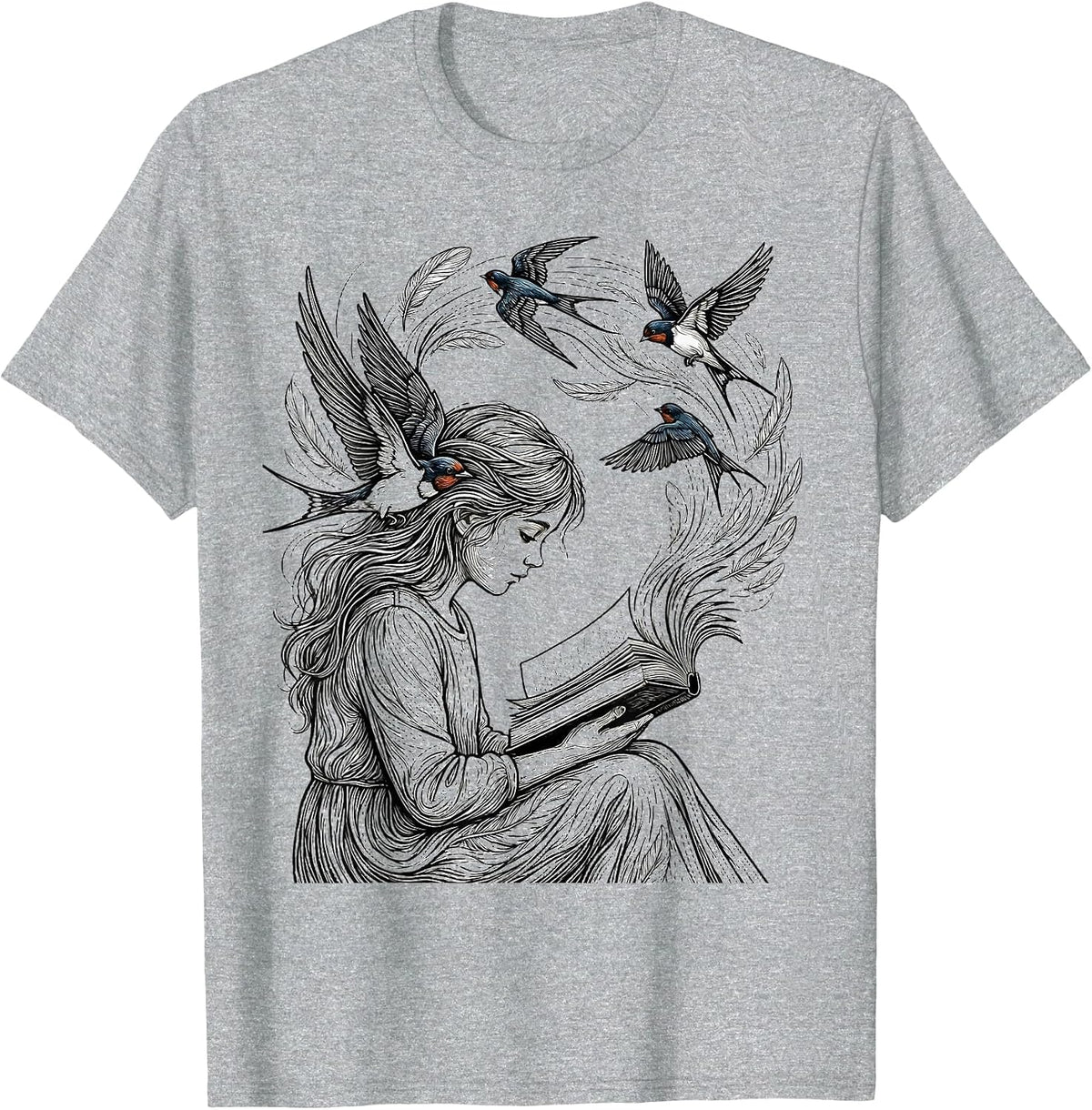 Men's Autism Awareness Reading Girl Birds Illustration T-Shirt - Heather Grey
