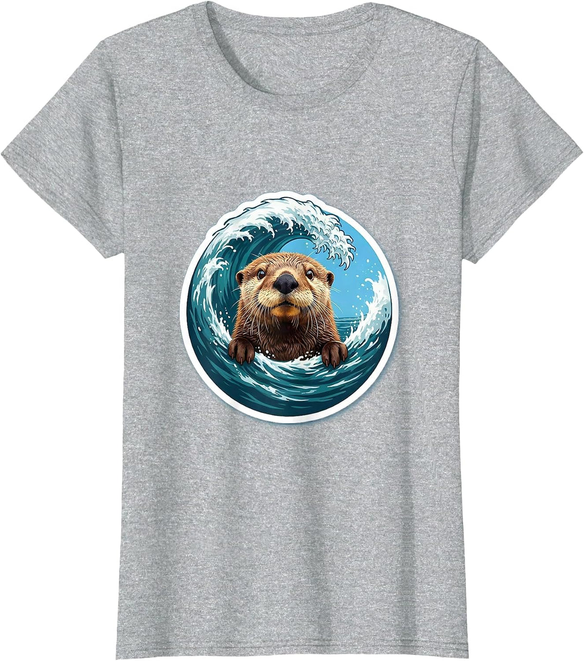 Sea Otter Crashing Ocean Wave Illustration T-Shirt - Heather Grey