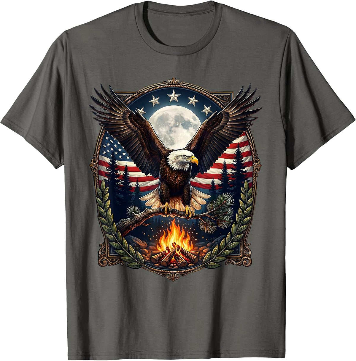 Campfire Starlit Pine Forest Night Graphic T-Shirt - Asphalt Grey