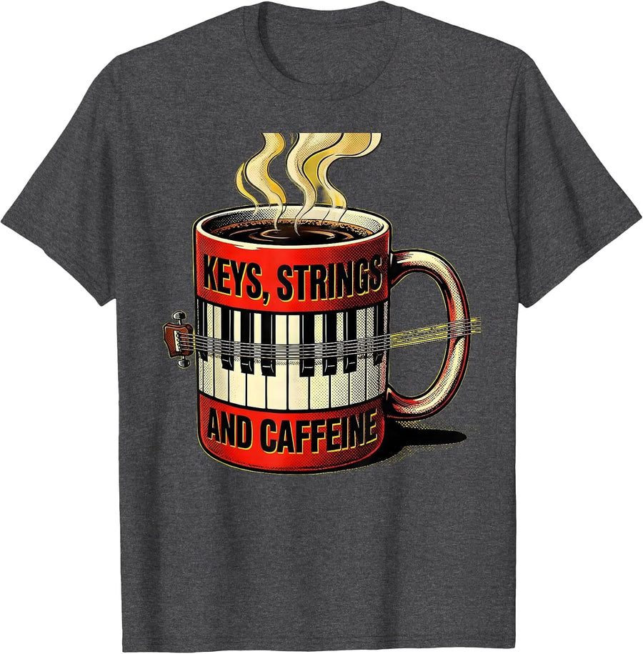 Men's Keys, Strings, and Caffeine Music Teacher Design T-Shirt - Dark Heather Grey
