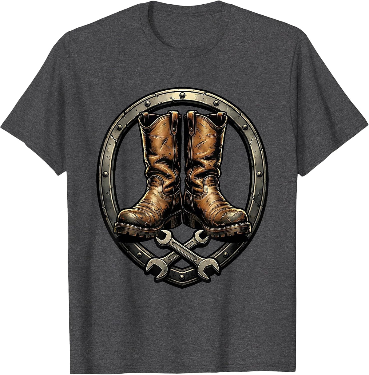 Worn Leather Riding Boots Motorcycle Graphic T-Shirt - Dark Heather Grey